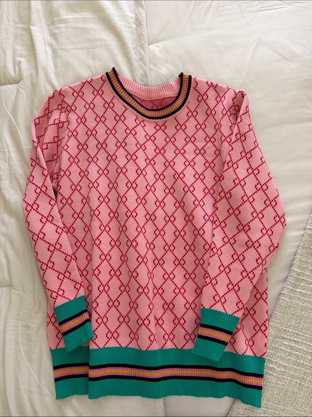 Pink Patterned Crewneck Sweater with Green Trim